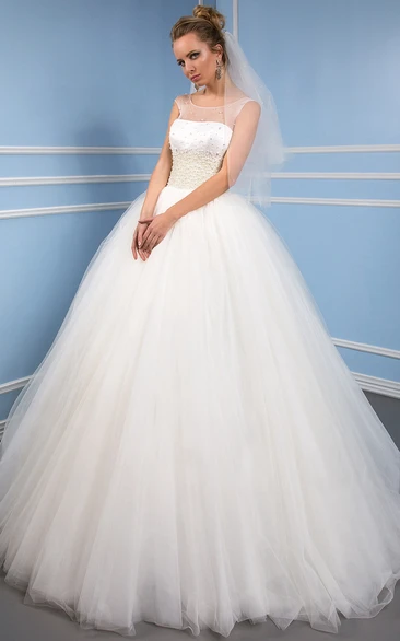 Corset Back Beaded Tulle Wedding Dress with Scoop Neckline Modern Bridal Gown