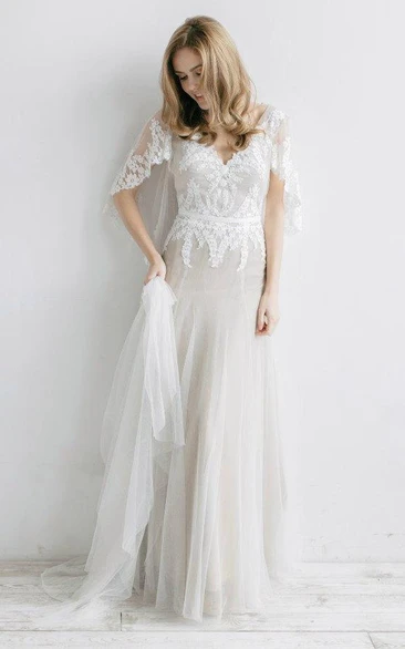 Ethereal Tulle V-Neck Wedding Dress with Bat Sleeves