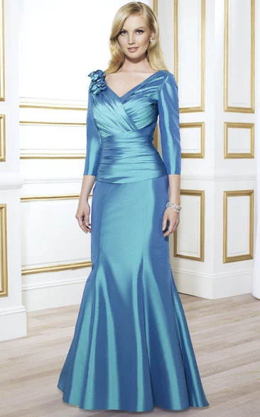 Floral Satin Mother Of The Bride Dress with Ruched Long Sleeves Classy Bridesmaid Dress