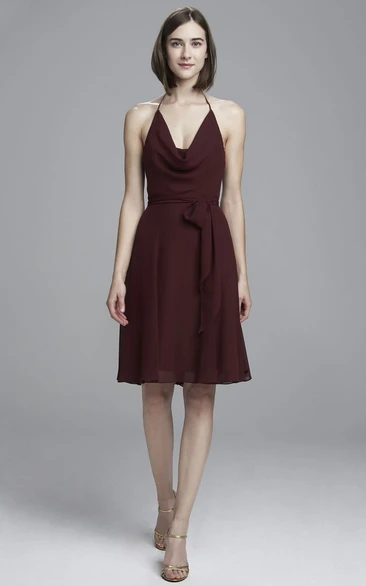 Cowl-Neck Knee-Length Chiffon Bridesmaid Dress with Backless Design and Bow