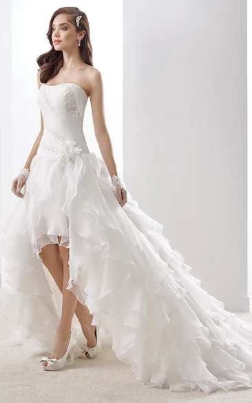 Strapless A-Line Wedding Dress with Pleated Skirt and Brush Train