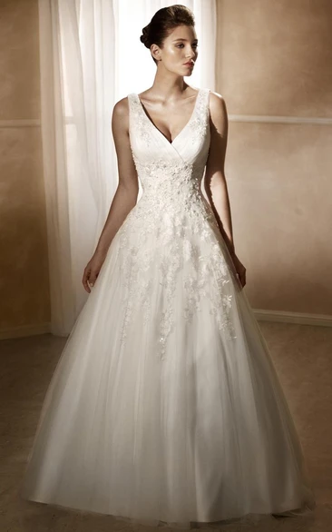 Appliqued Satin&Tulle V-Neck A-Line Wedding Dress with Court Train and Low-V Back