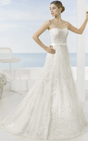 Sleeveless A-Line Lace Wedding Dress with Chapel Train and Low-V Back Modern Bridal Gown