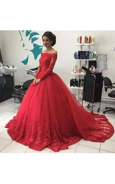 Off-the-Shoulder Lace Tulle Ball Gown with Sweep Train and Long Sleeves