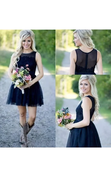 A-Line Lace Tulle Sleeveless Bridesmaid Dress with Jewel Neckline