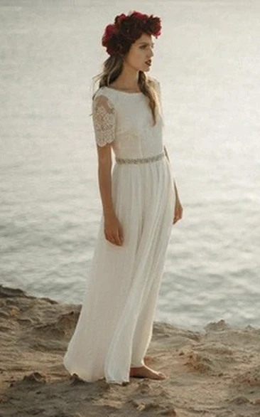 Bateau Sheath Bridal Gown with Short Sleeve and Lace Open Back Boho Wedding Dress