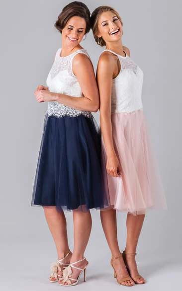 Mini Sleeveless Lace&Tulle Bridesmaid Dress with Illusion Back Modern Bridesmaid Dress