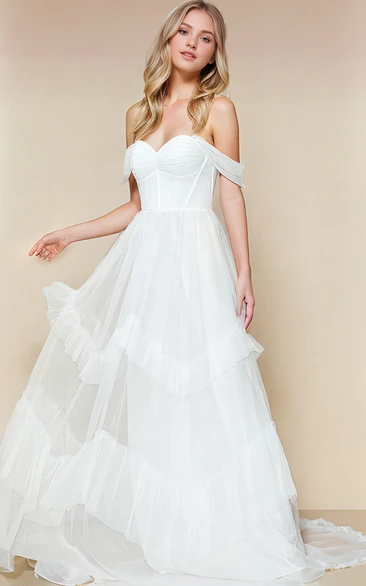 Western Sexy Off-the-Shoulder Sweetheart A-Line Maxi Wedding Dress with Zipper Back and Ruffles