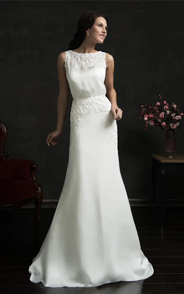 Chiffon Lace A-Line Sweep Train Wedding Dress with Bell Pleats and Jewels