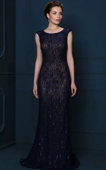 Sequined Cap-Sleeve Sheath Long Evening Dress Modern Formal Dress