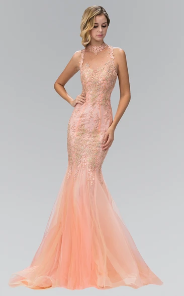 Sleeveless Mermaid Tulle Illusion Dress with Appliques and Beading Halter Neckline