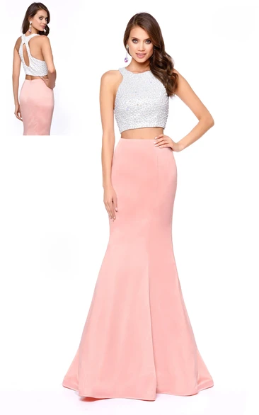 Two-Piece Sheath Sleeveless Jersey Prom Dress with Beading Long Scoop-Neck