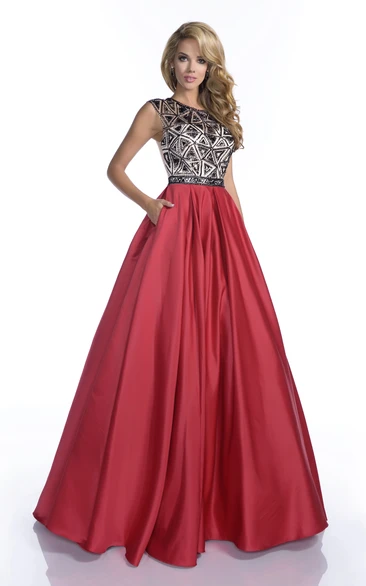 Satin Cap Sleeve A-Line Gown with Beaded Bodice