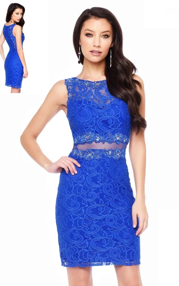 Sleeveless Lace Illusion Pencil Dress with Beading for Formal Events