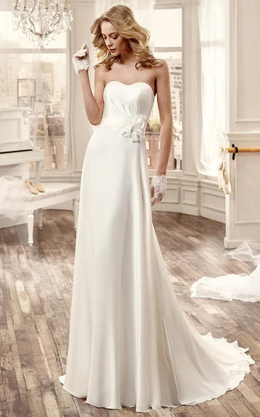 Floral Strapless Chiffon Wedding Dress with Brush Train Elegant Bridal Gown