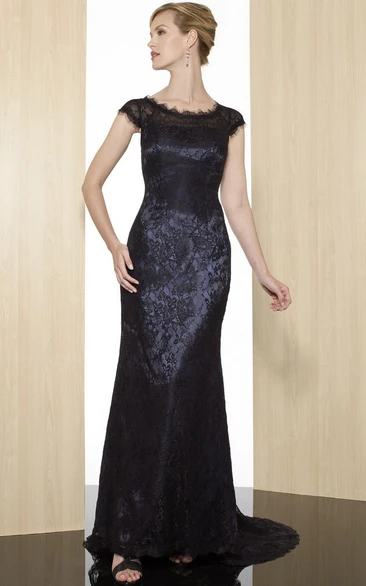 Sheath Appliqued Lace Formal Dress with Cap-Sleeves and Zipper Back