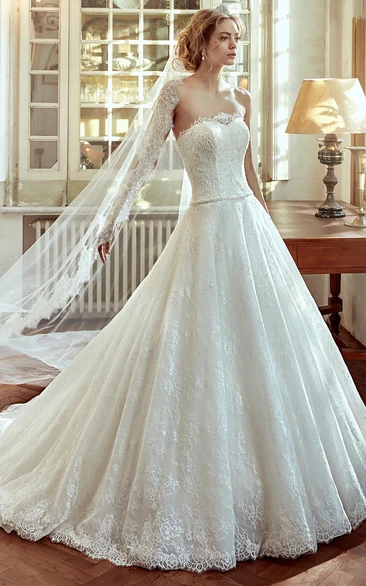 Lace Strapless Wedding Dress with Waist Draping and Court Train Elegant Bridal Gown