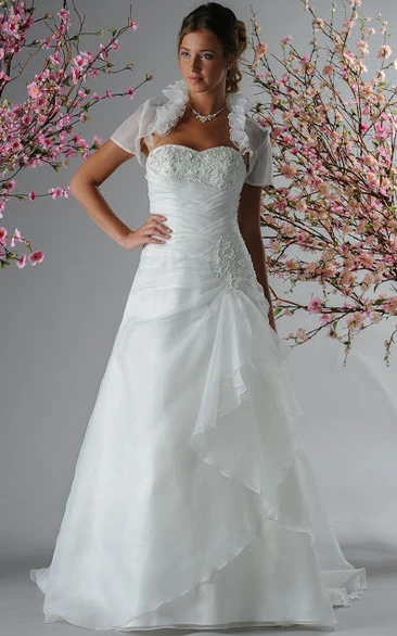 Organza Bridal Gown with Pearl Applique Top and Removable Floral Bolero Elegant Wedding Dress