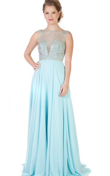 A-Line Beaded Sleeveless Chiffon Evening Dress with Jewel-Neck Floor-Length