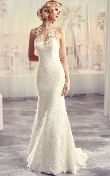 Long Appliqued Lace Wedding Dress with Court Train and Keyhole High Neck