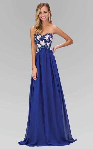 Sweetheart Sleeveless Chiffon A-Line Dress with Appliques Pleats and Backless Design