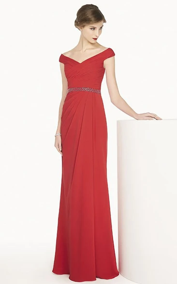 Chiffon Prom Dress with V-Neck Cap Sleeves and Beaded Waist Long