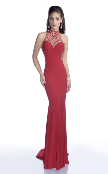 Jersey Sleeveless High Neck Prom Dress with Rhinestones Modern Prom Dress