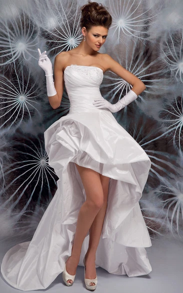 Strapless Satin High-Low Wedding Dress with Ruffled Appliques and Sweep Train