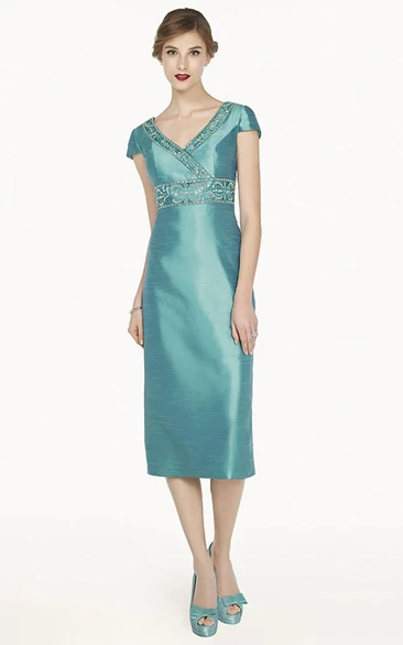 Tea Length Satin Prom Dress with Crystal Empire Waist and Jacket V Neck Short Sleeve