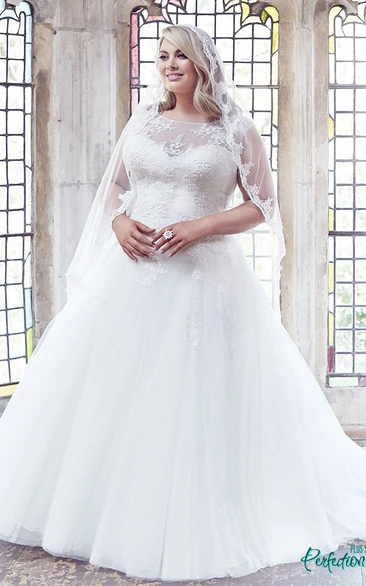 Plus Size Tulle Wedding Dress with Appliques Ball Gown Style with Scoop-Neck and Brush Train