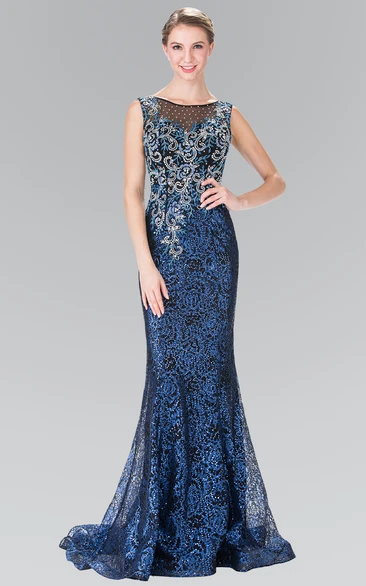 Sequin Lace Sheath Sleeveless Maxi Prom Dress