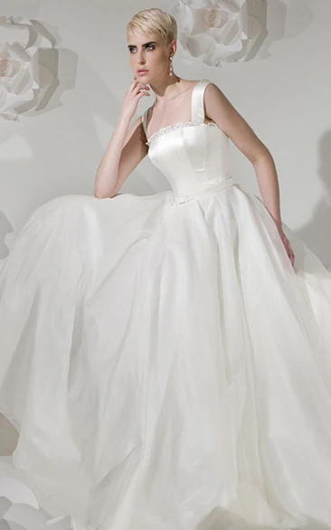 Tulle&Satin Sleeveless Wedding Dress One-Shoulder Ball-Gown with Long Train