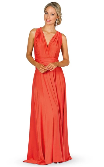 V-Neck Sleeveless Convertible Bridesmaid Dress Maxi Chiffon with Ruching