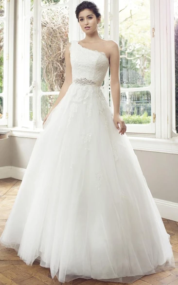 Jeweled Floor-Length Tulle Wedding Dress with Appliques Ball Gown
