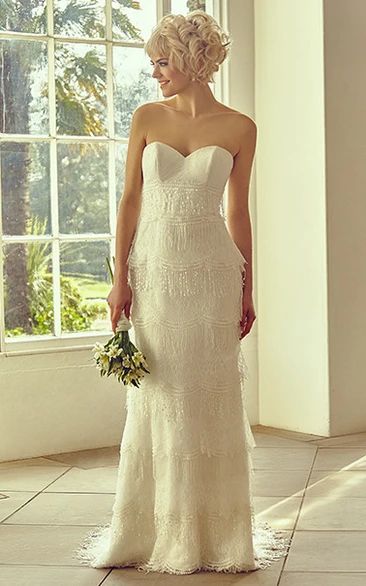 Lace Tiered Sweetheart Wedding Dress with Brush Train Floor-Length