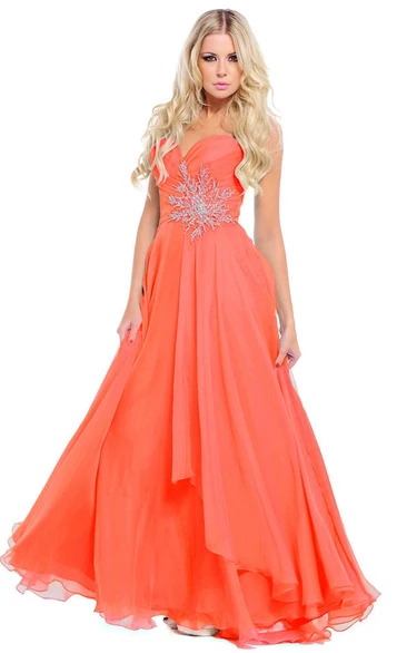 Sleeveless A-Line Sweetheart Chiffon Prom Dress with Draping and Appliques Floor-Length