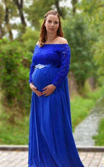 Empire Waist Maternity Dress with Long Sleeves and Brush Train