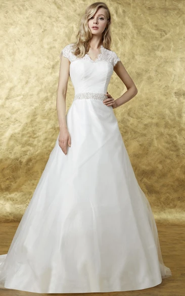 A-Line Organza Wedding Dress with Appliques Cap Sleeve Scalloped Floor-Length