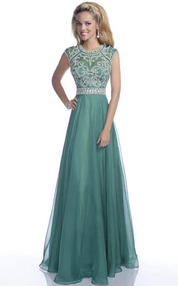 Chiffon A-Line Prom Dress with Cap Sleeves Crystal Bodice and Belt Elegant Bridesmaid Dress