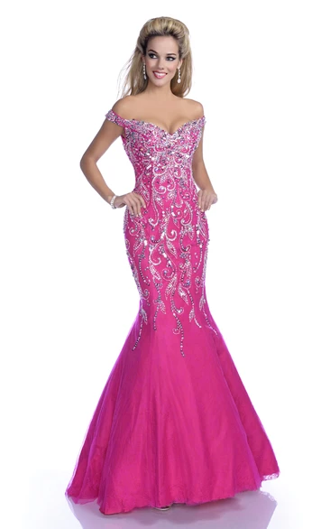 Mermaid Sequined Tulle Prom Dress with Off-The-Shoulder V-Neck and Low-V Back