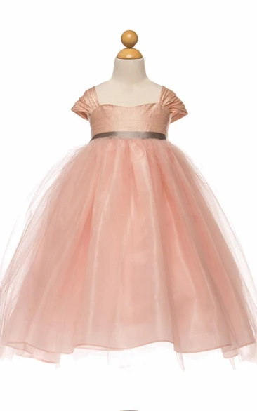 Cap-Sleeved Tulle & Satin Empire Tea-Length Flower Girl Dress with Ruching