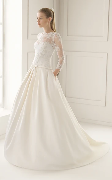 Illusion Neck and Back Satin Wedding Dress with Lacy Bodice