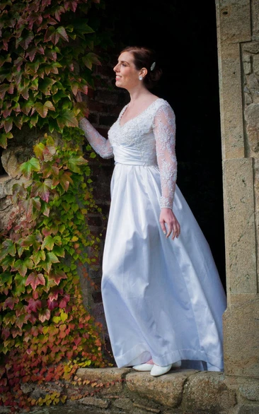 Lace Sleeve A-Line Taffeta Wedding Dress V-Neck