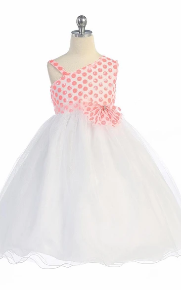 Sequin Flower Girl Dress with Tiers Tea-Length One-Shoulder Bowed Modern