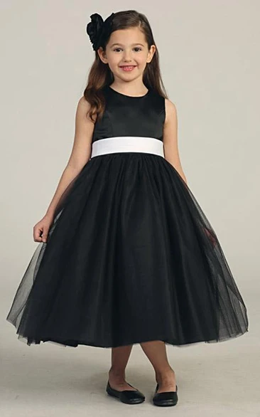 Sleeveless Tea-Length Satin and Tulle Flower Girl Dress with Bow Classy Dress for Girls