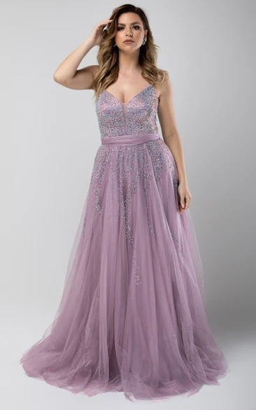 Spaghetti Sleeveless Tulle Evening Dress with Beading Casual A Line Formal Dress