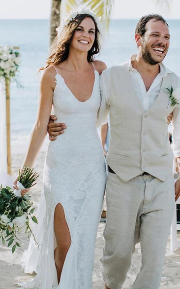 V-neck Lace Sheath Wedding Dress with Split Front and Sweep Train Modern & Elegant