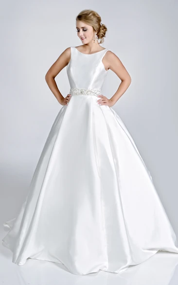 Satin Ball Gown with Rhinestones Sleeveless Bateau Neck Wedding Dress