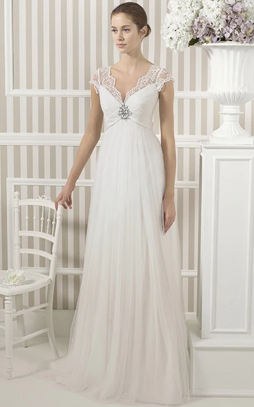 Empire Tulle Wedding Dress with Cap Sleeves and V-Neckline