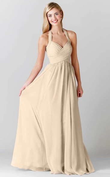 Halter Sleeveless Criss-Cross Chiffon Bridesmaid Dress Flowy Prom Dress for Women